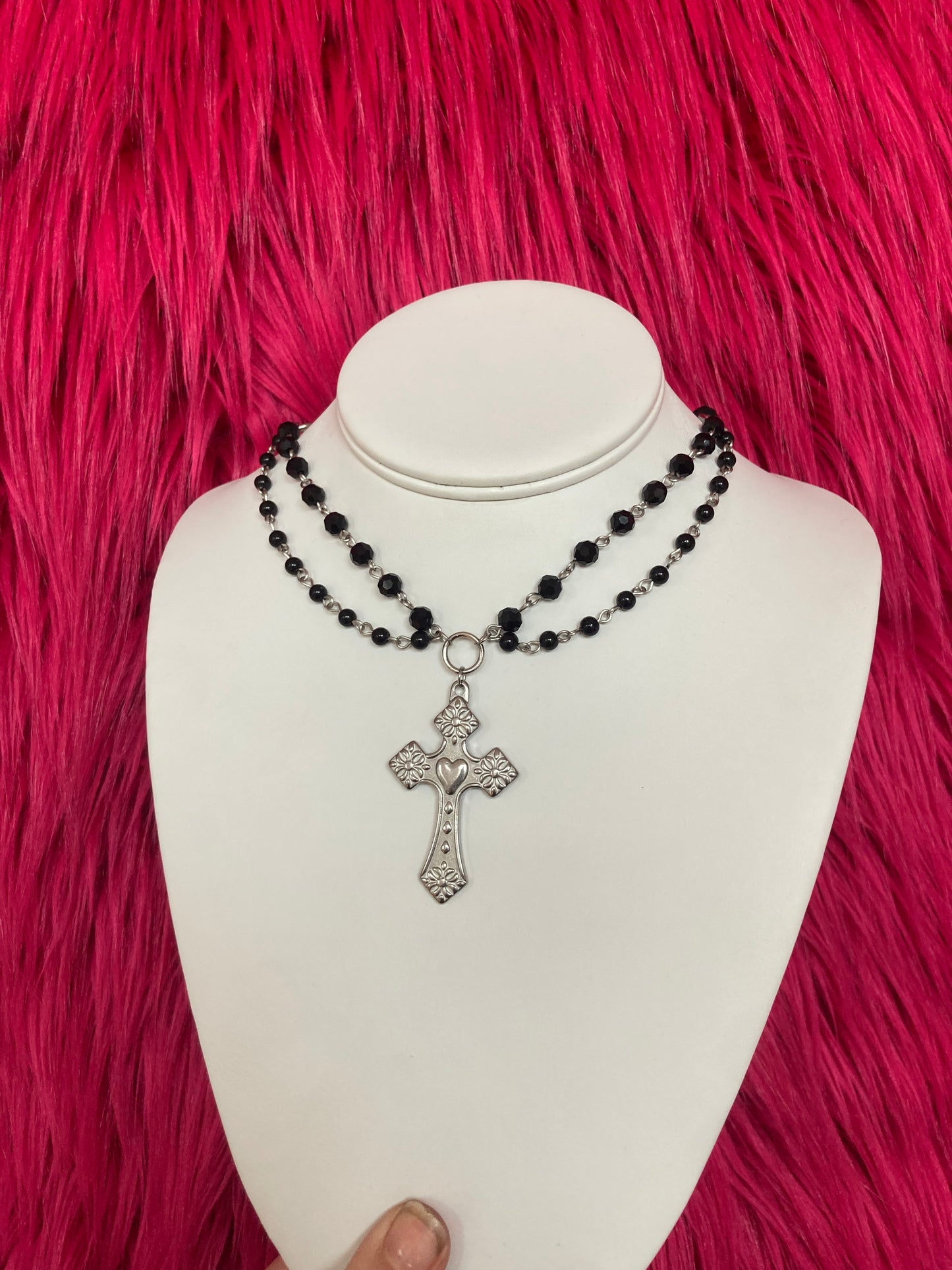 Large Cross Black Glass Bead Necklace