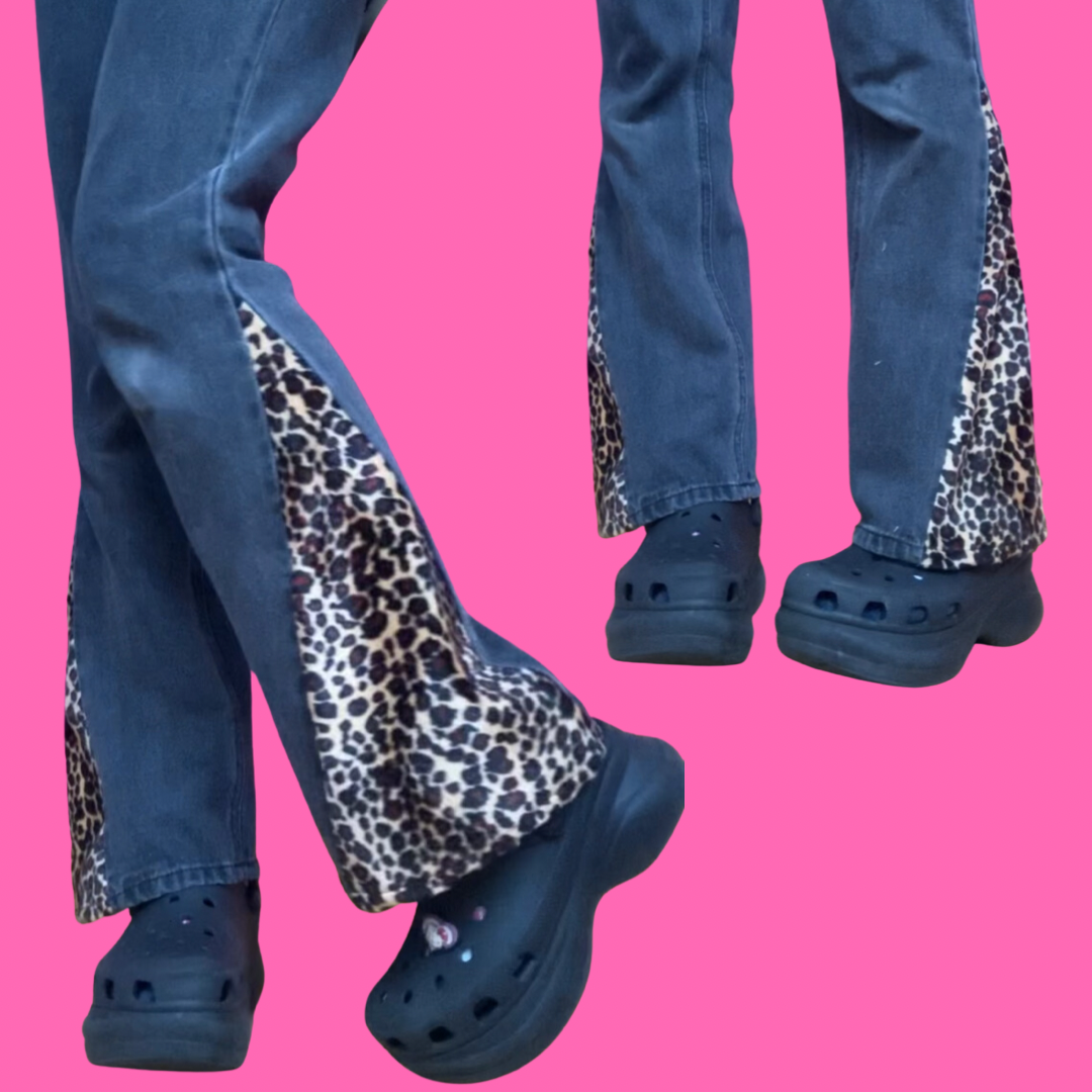 Leopard Print Black Upcycled Denim Jeans