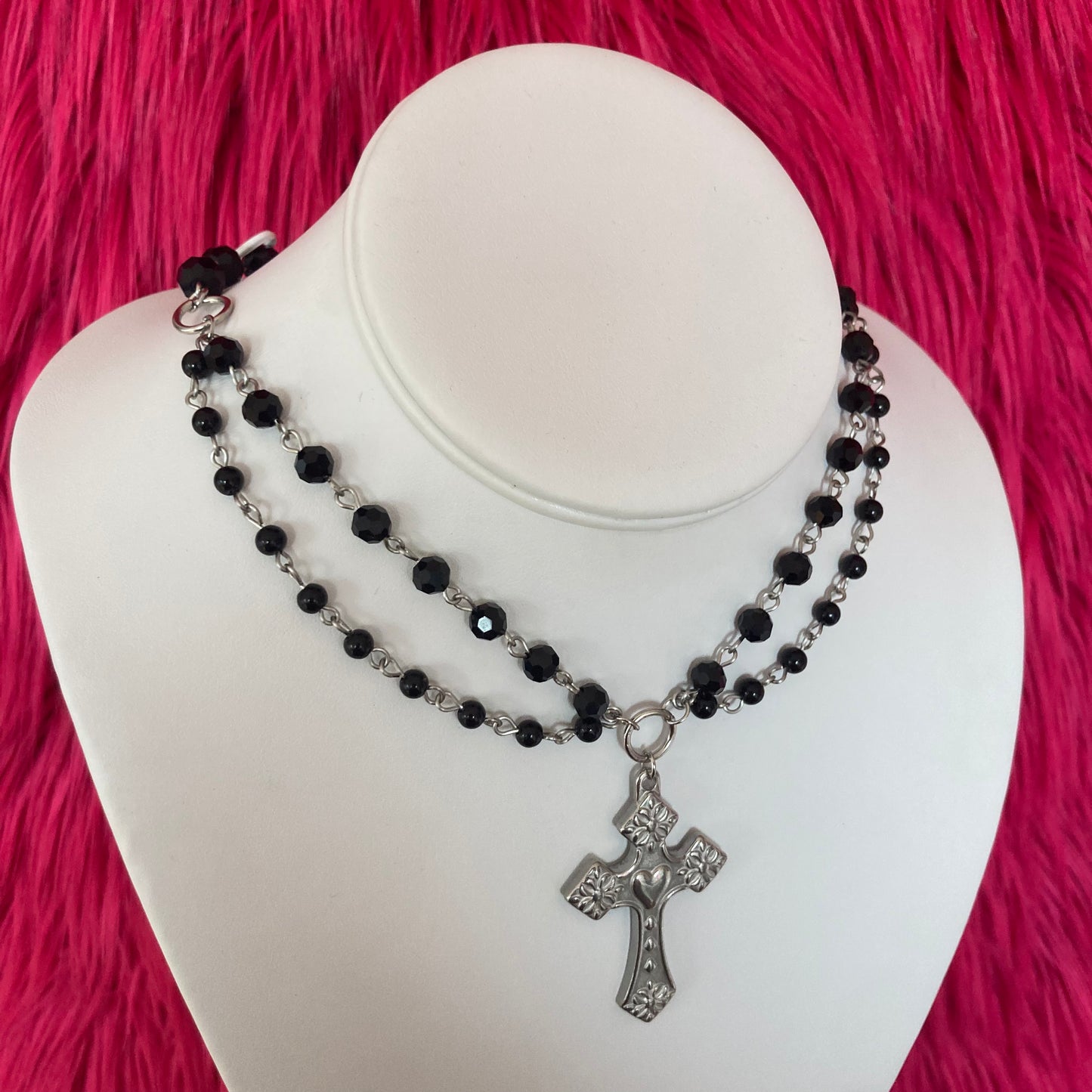 Large Cross Black Glass Bead Necklace