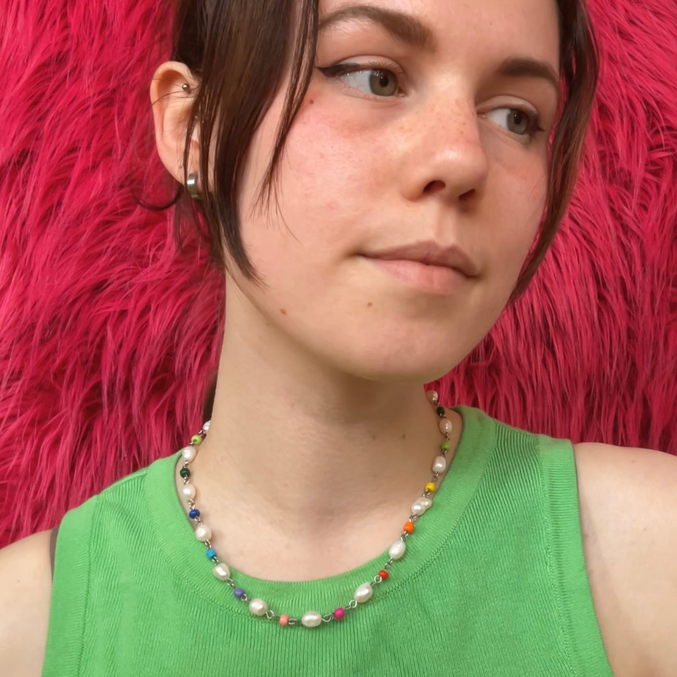 Rainbow Bead Pearl Chain Necklace