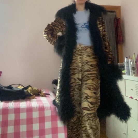 Tiger Print Faux Afghan Fur Long Jacket