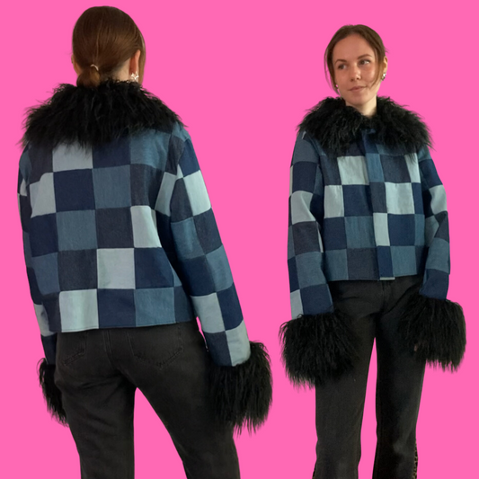 Patchwork Denim Faux Afghan Fur Cropped Jacket