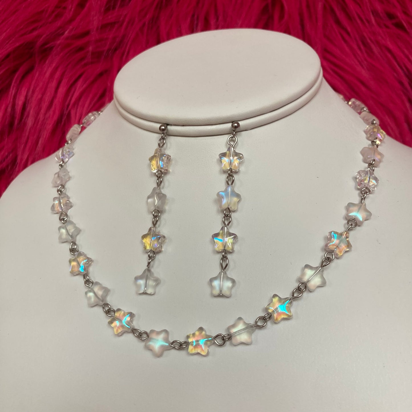 Frosted and Irridecient Star Glass Bead Necklace and Earrings Set