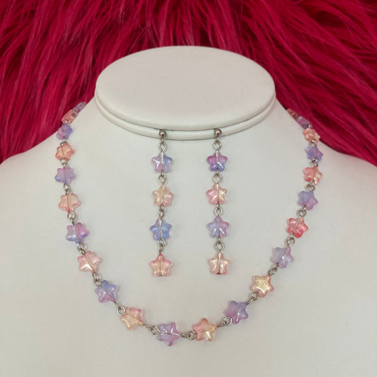 Pink and Purple Star Glass Bead Necklace and Earrings Set