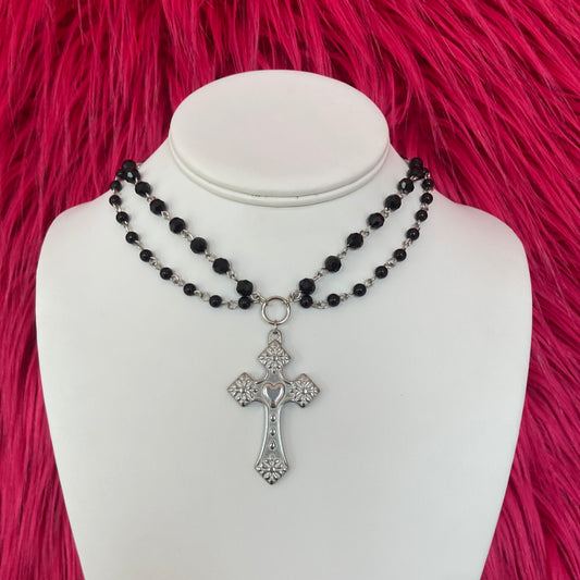 Large Cross Black Glass Bead Necklace