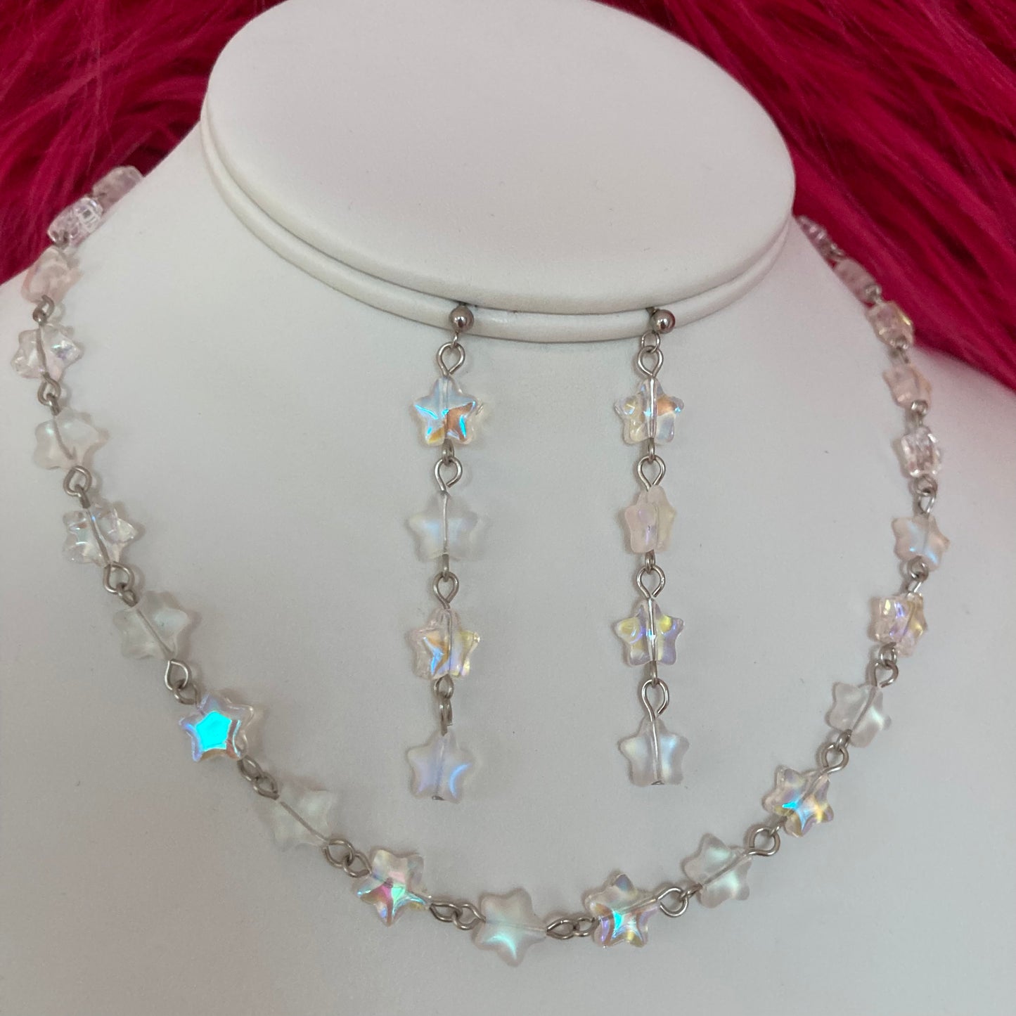 Frosted and Irridecient Star Glass Bead Necklace and Earrings Set