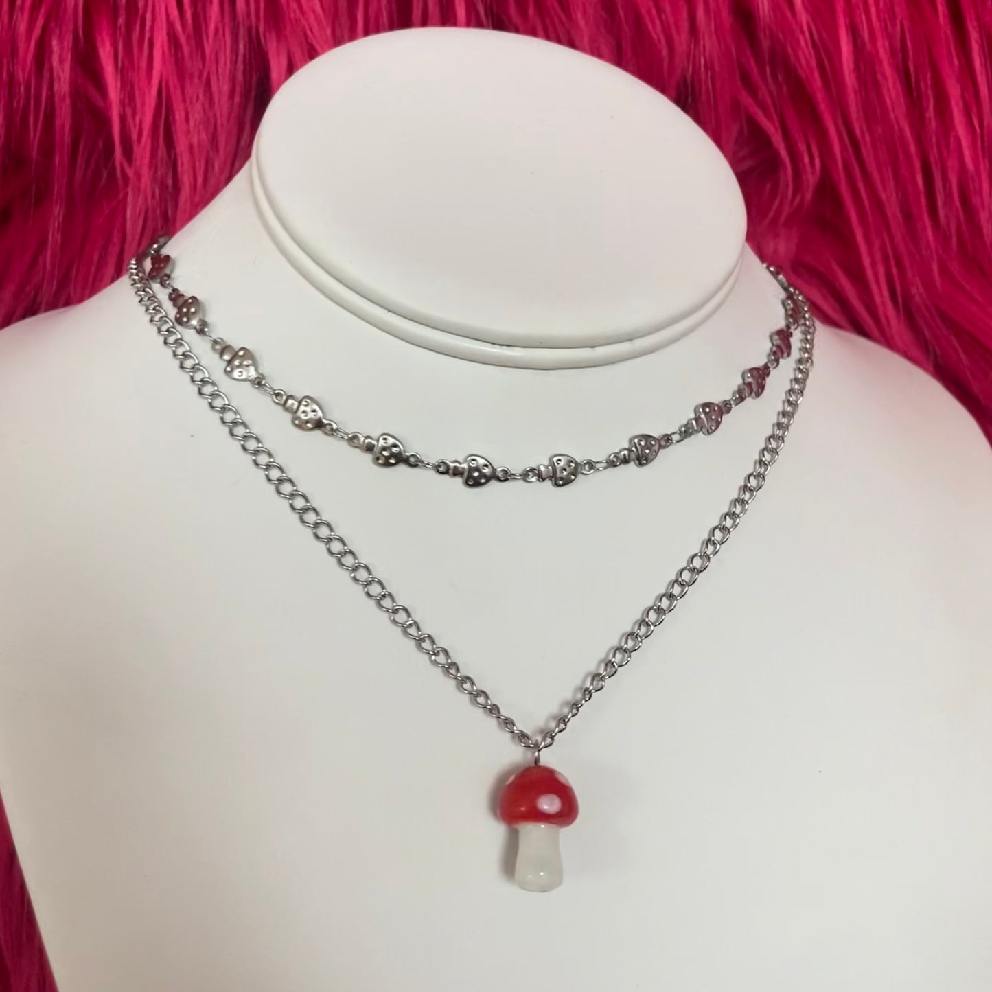 Mushroom Double Chain Choker and Lampwork Necklace